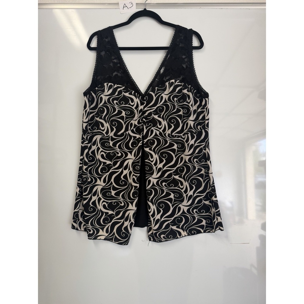 Women's Abstract Print V-Neck Tank Top Black Cream Lace Trim Sleevele